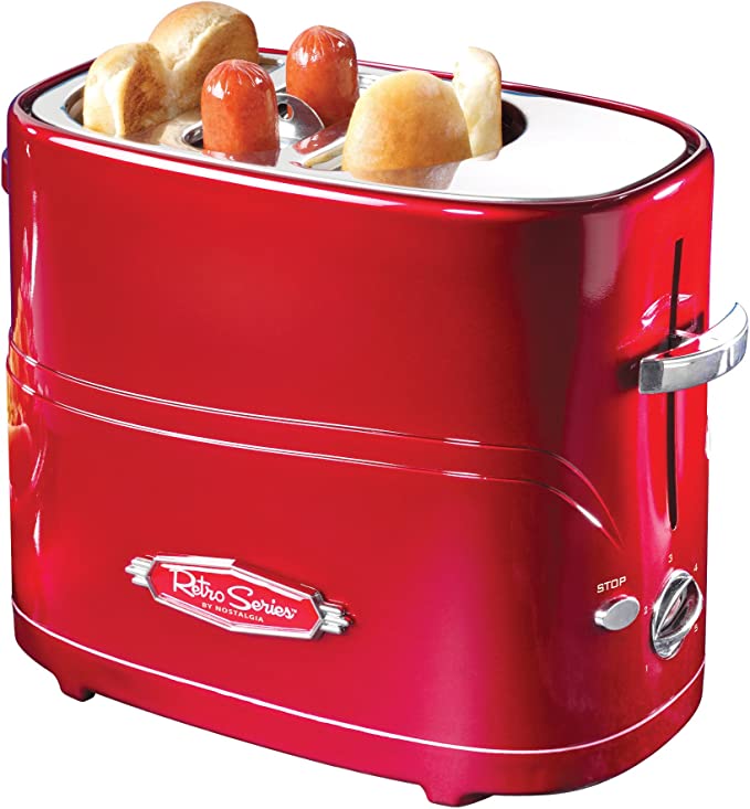 Nostalgia 2 Slot Hot Dog and Bun Toaster with Mini Tongs, Hot Dog Toaster Works with Chicken, Turkey, Veggie Links, Sausages and Brats, Retro Red