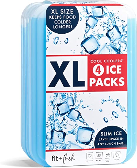 Fit & Fresh XL Cool Coolers Freezer Slim Ice Pack for Lunch Box Set of 4 Large Blue